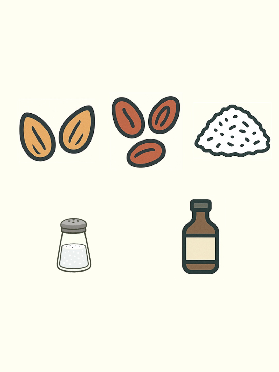 Almonds, dates, coconut flakes, salt and vanilla laid out